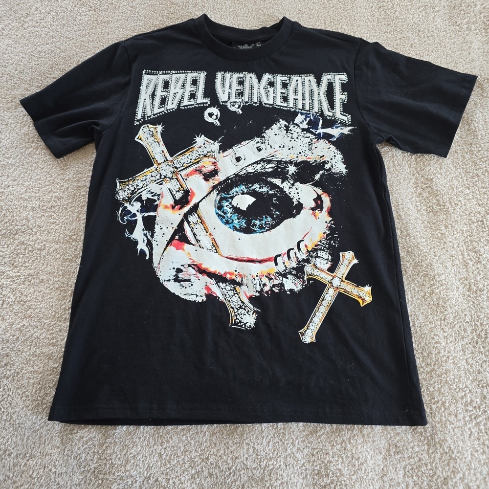 Rebel Vengeance Men's M T-shirt Graphic‎ Print Cross Eye Rhinestones  Streetwear